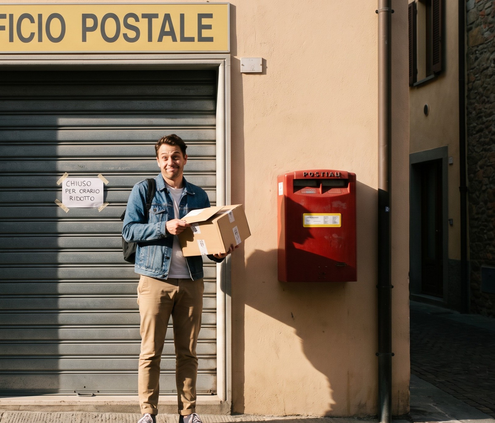 Un cittadino con un pacco davanti a un ufficio postale chiuso
