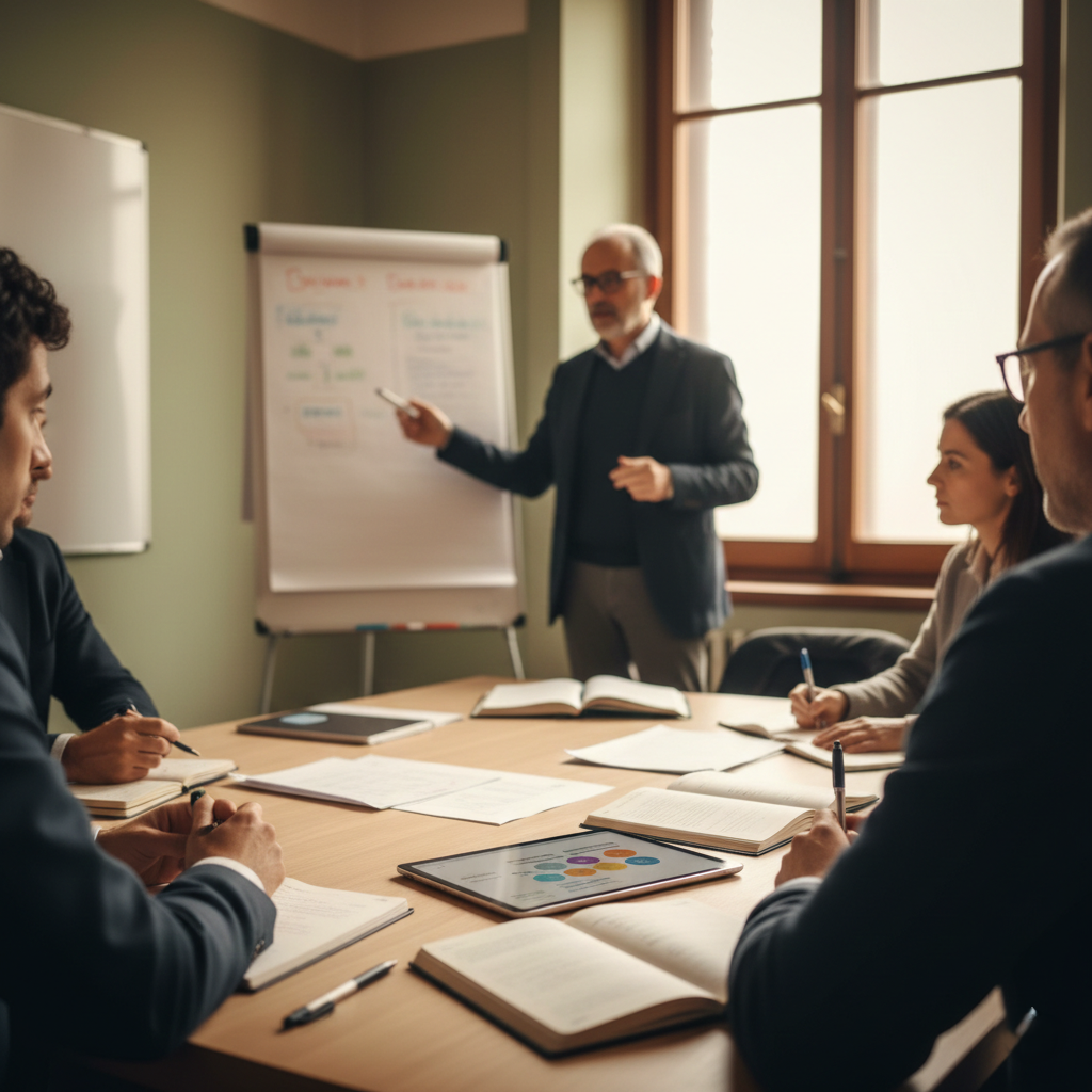 progetto di vita2 Una riunione di lavoro attorno a un tavolo, con un relatore alla lavagna