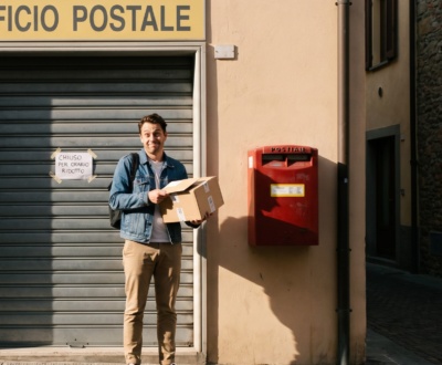 Un uomo con un pacco davanti a un ufficio postale chiuso, accanto a una cassetta rossa