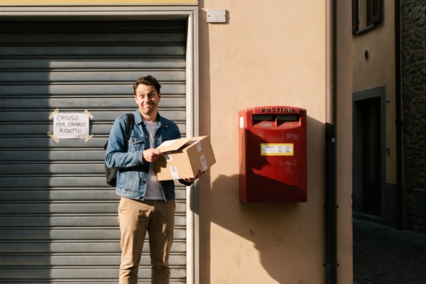 Un uomo con un pacco davanti a un ufficio postale chiuso, accanto a una cassetta rossa